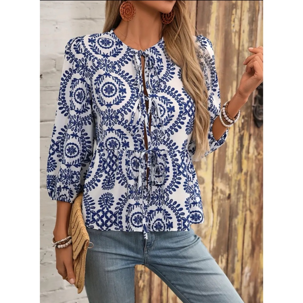 NEW! Elegant Blue Print Ruffle Puff Sleeve Tie Front Top!